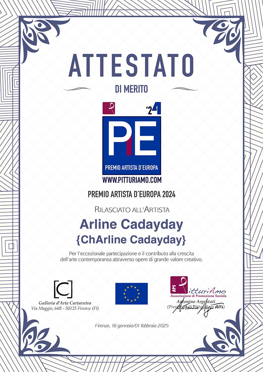 Certificate of artistic merit awarded to contemporary artist Arline ChArline Cadayday on the occasion of the 2024 Artist of Europe Award