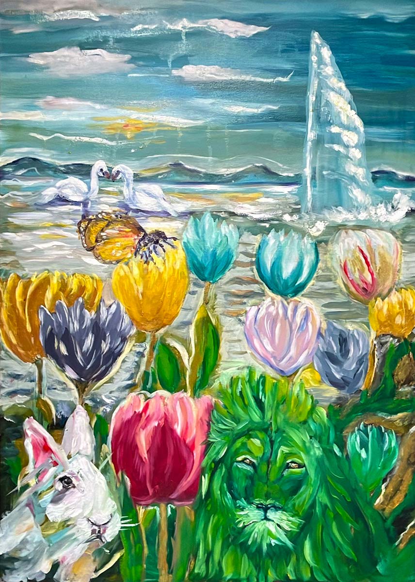 Online sale work entitled "Morges Tulips and Jet d‘eau" created by the contemporary artist Arline ChArline Cadayday